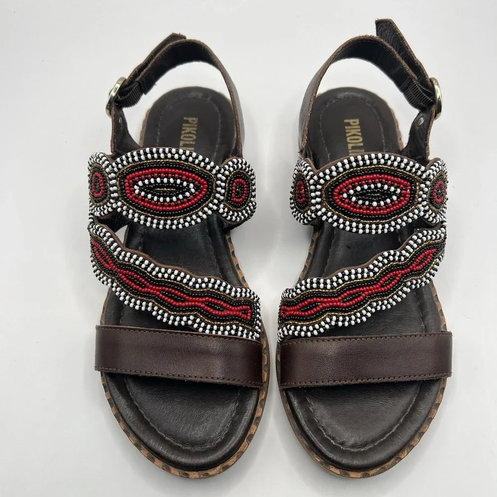 Pikolino‎ Algar Maasai Hand Beaded Sandal EU 35/US 4-5 Brown Multi Tribal Boho